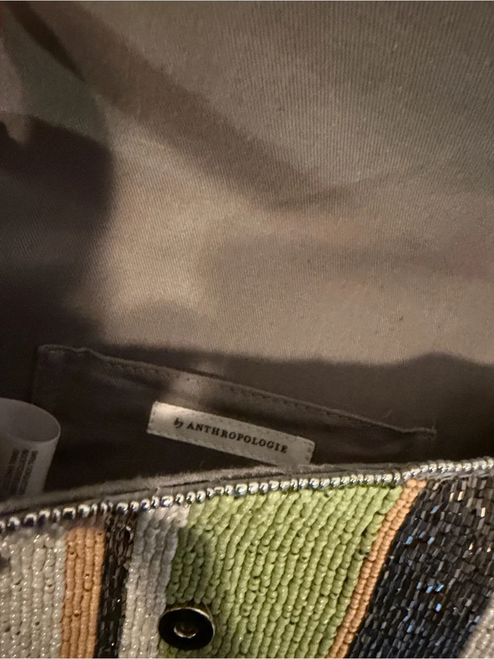Anthropologie Beaded Stripe Clutch Wallet - Green, Gray & Cream